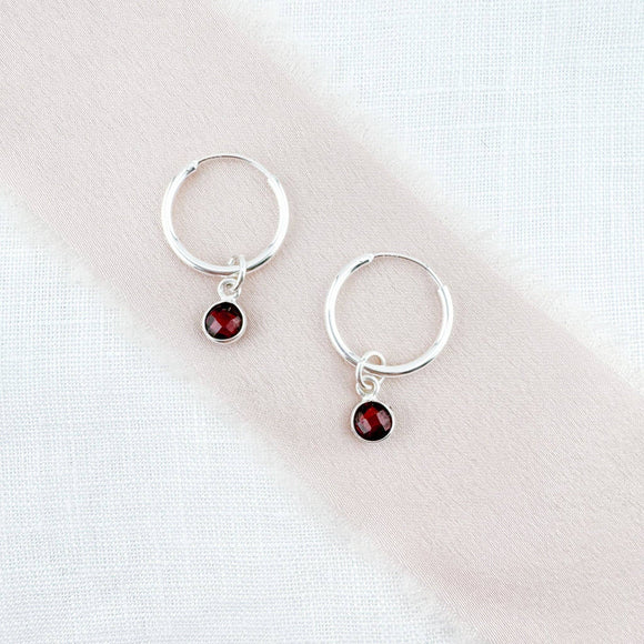 Ophelia Jewellery - Garnet Sterling Silver Hoop Earrings