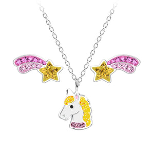 Children's Sterling Silver Unicorn Necklace and Ear Stud Set with Gift Wrap.