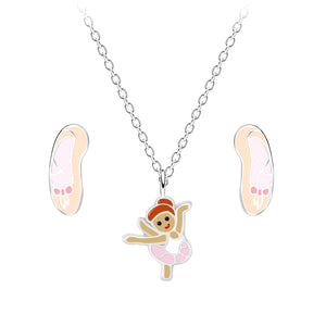 Children's Sterling Silver Ballerina Necklace and Ear Studs Set with Gift Wrap.