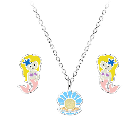 Children's Sterling Silver Mermaid Necklace and Ear Studs Set with Gift Wrap.