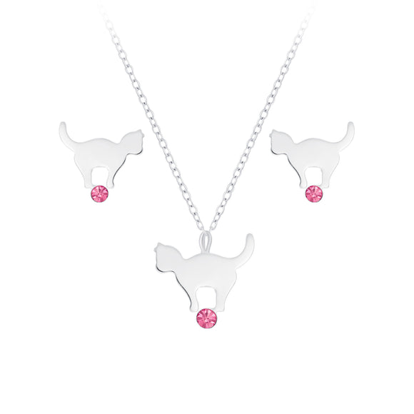 Children's Sterling Silver Cat Necklace and Ear Stud Set with Gift Wrap.