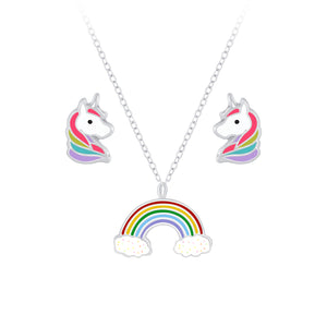 Children's Sterling Silver Unicorn and Rainbow Necklace and Ear Stud Set with Gift Wrap.