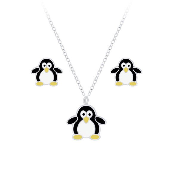 Children's Sterling Silver Penguin Necklace and Ear Stud Set with Gift Wrap.