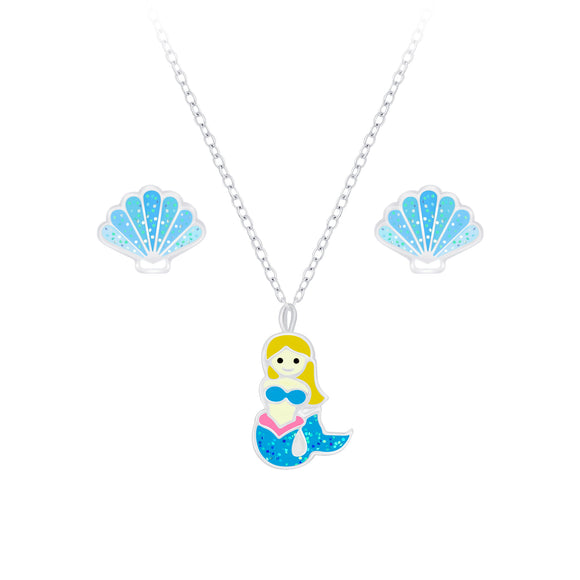 Children's Sterling Silver Mermaid Necklace and Ear Stud Set with Gift Wrap.