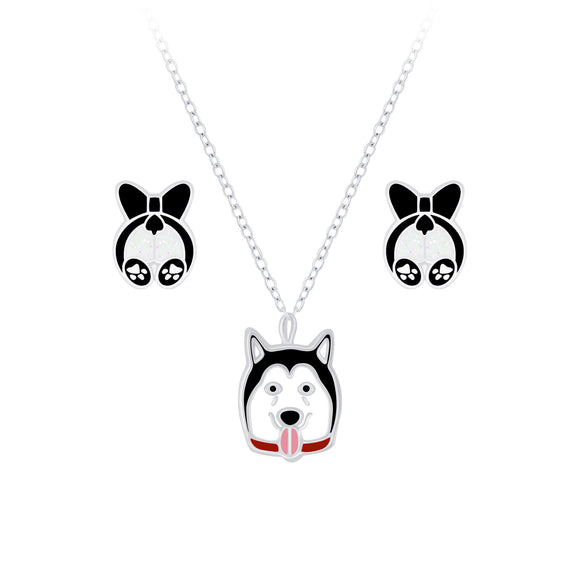 Children's Sterling Silver Dog Necklace and Ear Stud Set with Gift Wrap.