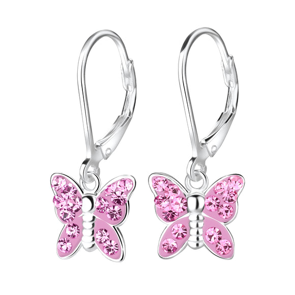 Childrens Sterling Silver Butterfly Crystal Lever Light Rose Back Earrings   with Gift Wrap
