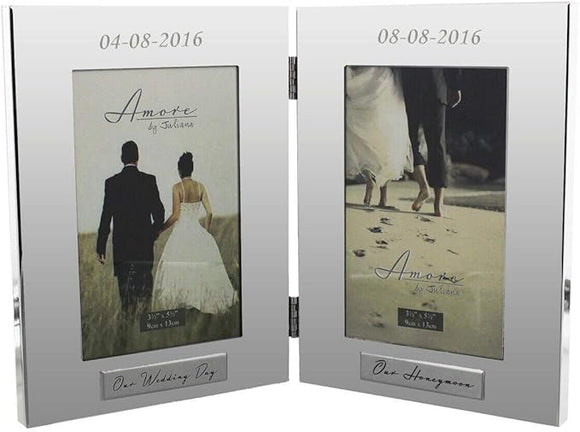 AMORE Wedding Shiny Silver Plated Double Photo Frame Wedding Day 4x6''