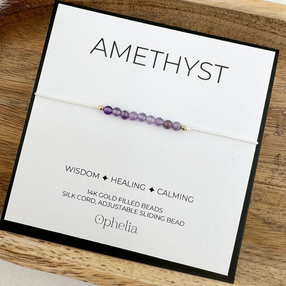 Ophelia Jewellery - Amethyst Silk Bracelet: Gold filled beads