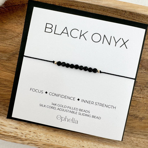 Ophelia Jewellery - Black Onyx Silk Bracelet: Gold filled beads