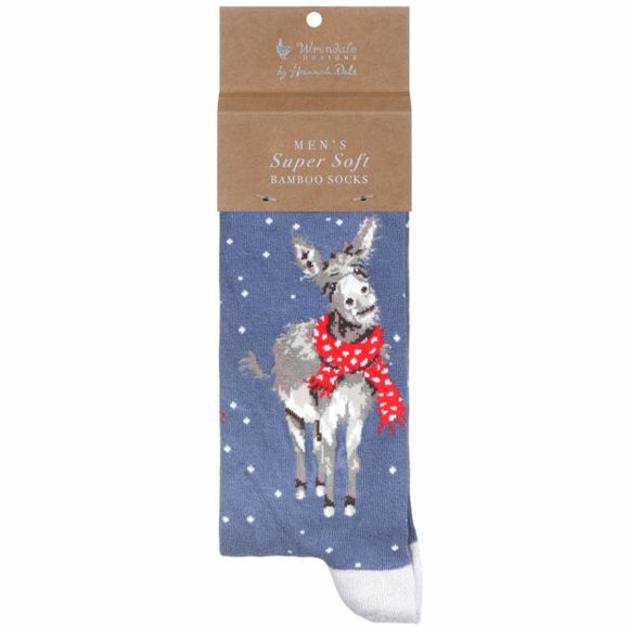 Wrendale ‘All Wrapped Up’ Blue Donkey Men's Bamboo Christmas Socks