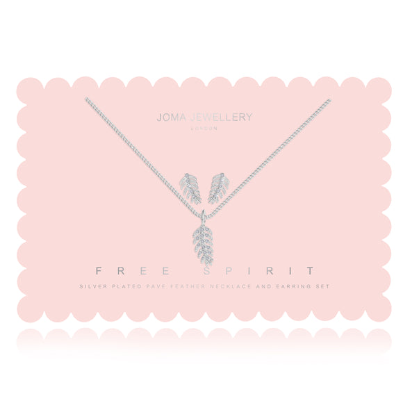 Joma Jewellery  SENTIMENT SETS - FREE SPIRIT - feather outline pave earring and necklace set - Gifteasy Online