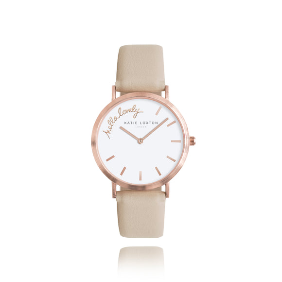 Katie Loxton MAGICAL MOMENTS WATCH - HELLO LOVELY rose gold plated - taupe PU strap - Gifteasy Online