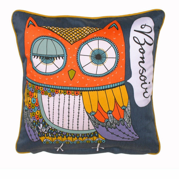 Ulster Weavers Bright Owl Cushion with Bonjour and Bonsoir Welcome - Gifteasy Online